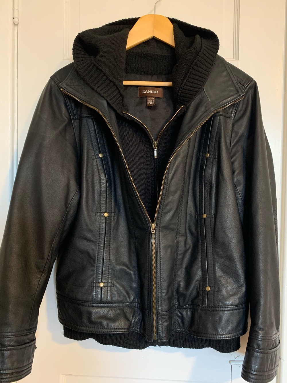 Danier Black Leather Hooded Bomber Jacket XL